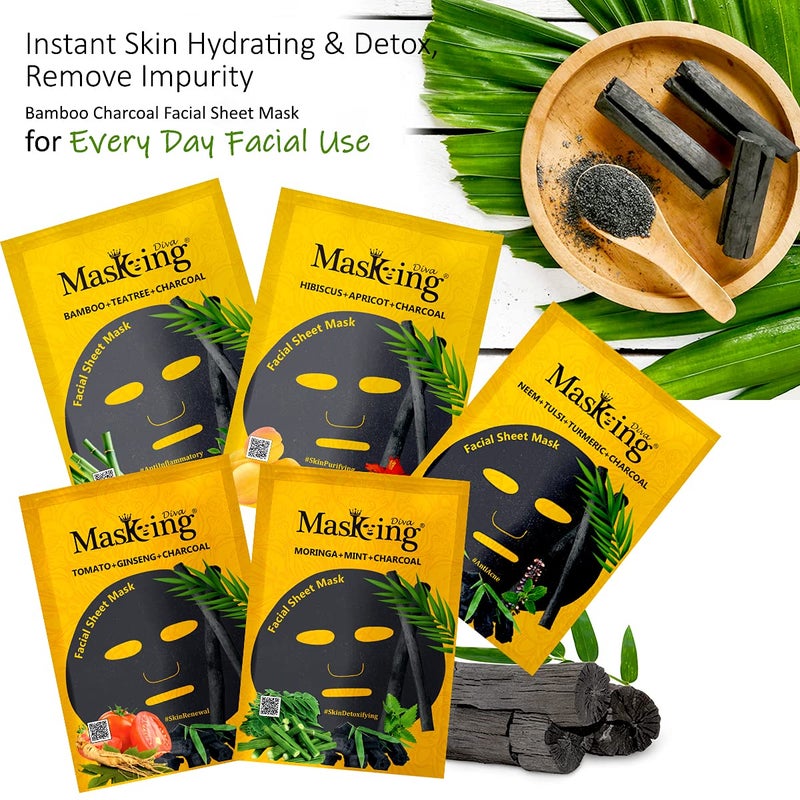 Masking face Sheet Mask facial sheet Mask for women men for Glowing Skin Oily Skin Value Combo Pack of 25 Charcoal Beauty and Diva Sheet Mask - Image 2