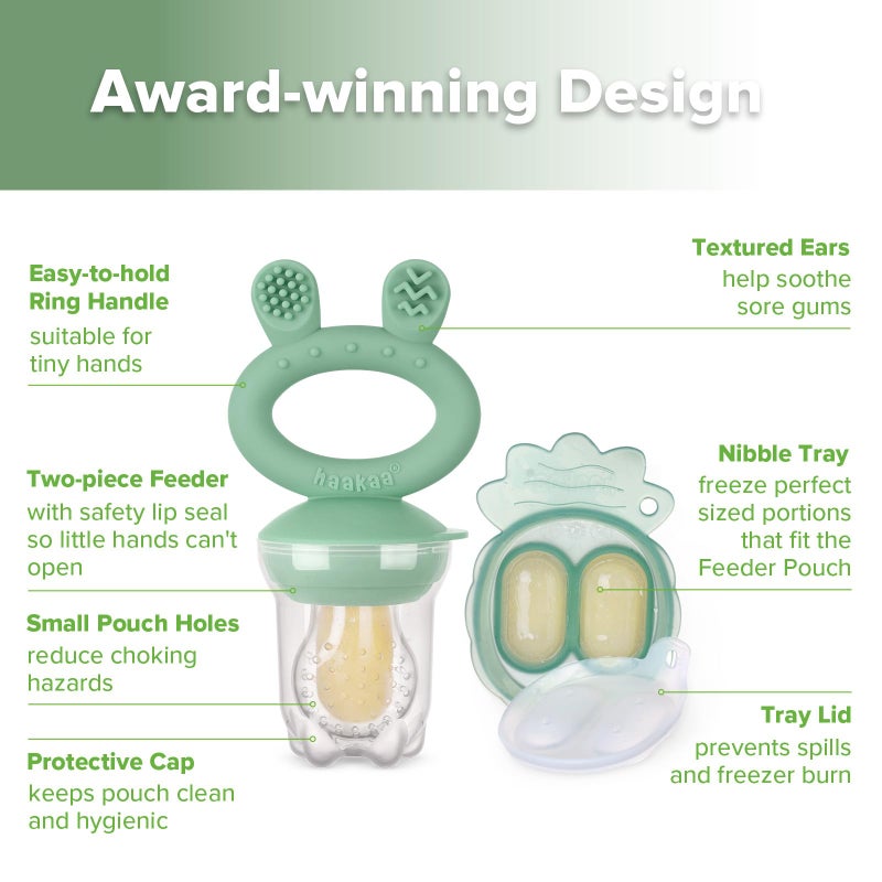 Haakaa Baby Fruit Food Feeder & Mini Freezer Nibble Tray Combo, Breastmilk Popsicle Molds for Cooling Relief, BPA Free Silicone Feeder for Safe Infant Self Feeding, 4 Month+ (Pea Green) - Image 4