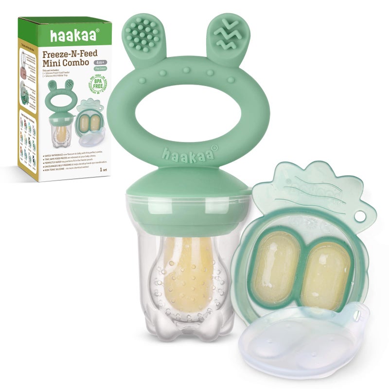 Haakaa Baby Fruit Food Feeder & Mini Freezer Nibble Tray Combo, Breastmilk Popsicle Molds for Cooling Relief, BPA Free Silicone Feeder for Safe Infant Self Feeding, 4 Month+ (Pea Green) - Image 1