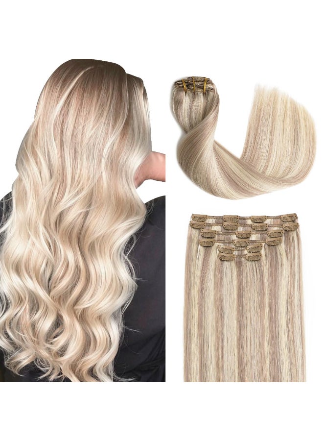 Sindra Human Hair Clip in Hair Extensions Balayage 18P613 Ash Blonde Highlighted Bleach Blonde Clip in Hair Extensions Real Human Hair for Women 14inch 100g 6Pcs Natural Human Hair - Image 2