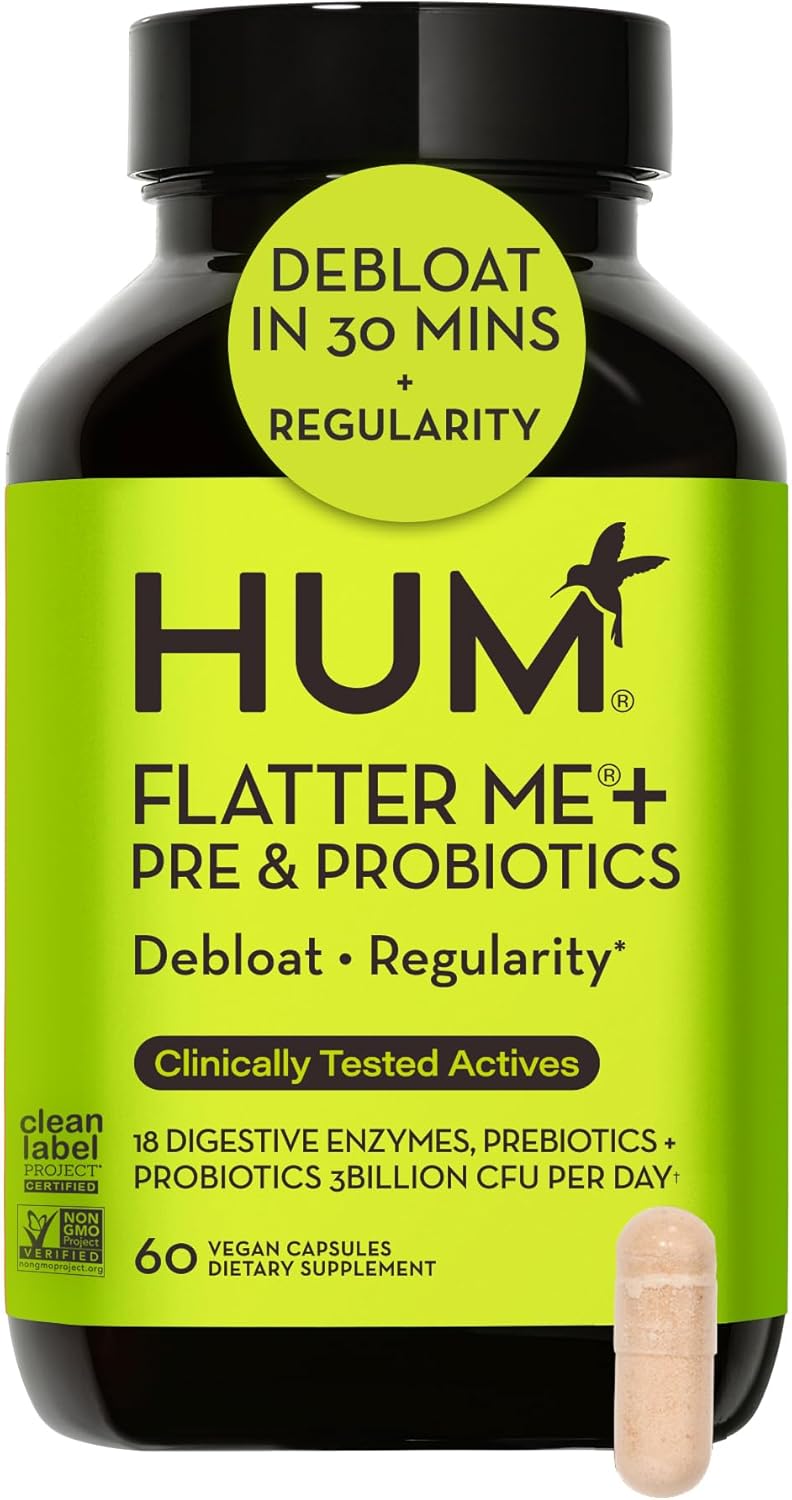 HUM Flatter Me Digestive Enzymes with Probiotics & Prebiotics - Fast-Acting Bloat Relief, Digestive Health and Regularity, Vegan Formula 60 Servings