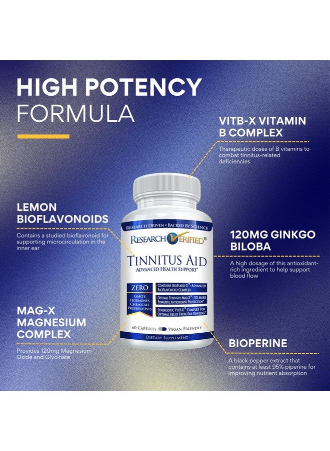 research verified Research Verified Tinnitus Aid - Lessen Internal Ringing - Ginkgo Biloba, Vitamin C, Full Spectrum B Complex Blend, Magnesium - 60 Capsules - Vegan - Made in The USA  - Image 2