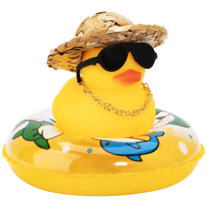 wonuu Car Rubber Duck Yellow Duck Decoration Dashboard with Sun Hat Swim Ring Necklace Sunglasses for Car Dashboard Decorations - Image 2