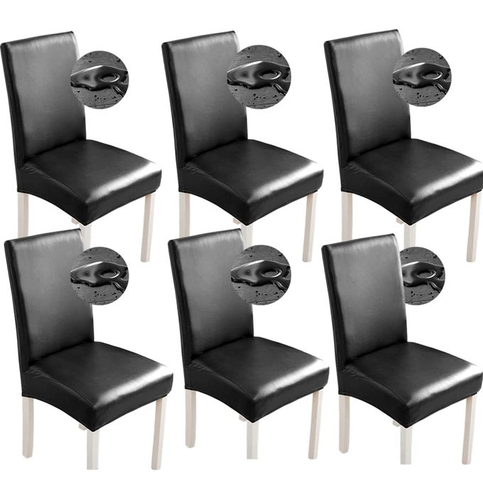 STRETCH DINING CHAIR COVERS WATERPROOF PU LEATHER SLIPCOVERS UNIVERSAL CHAIR PROTECTORS FOR DINING ROOM KITCHEN HOTEL SET OF 6 BLACK