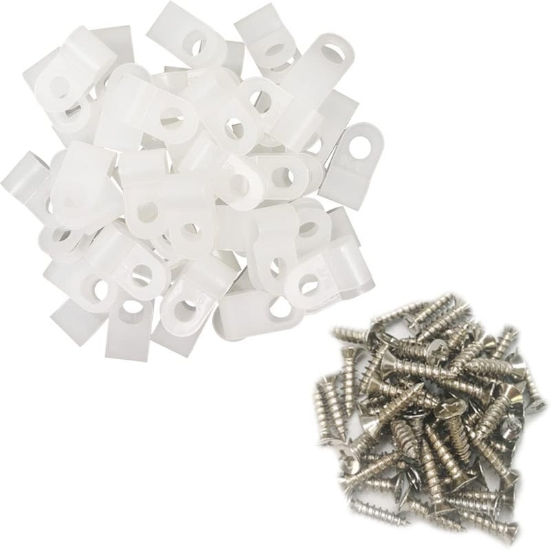 Alamic Cable Clamp R-Type Cable Clip Wire Clamp 3/16" Nylon Screw Mounting Cord Fastener Clips with Screws for Wire Management - White - 50 Pcs - Image 1