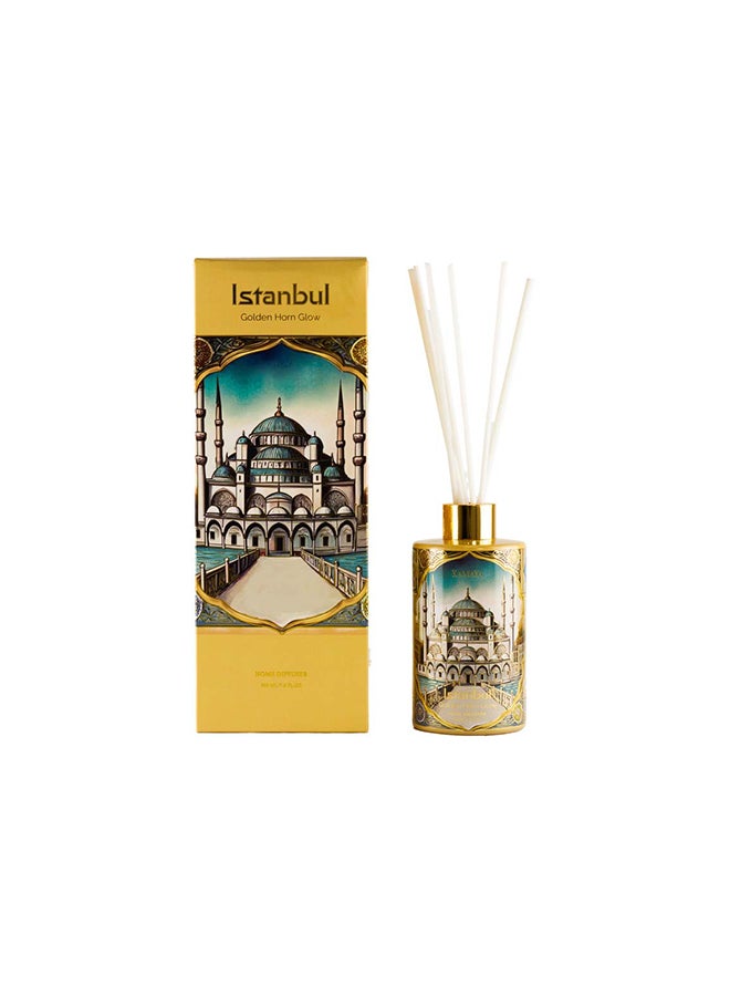 KAMAYA Reed Diffuser 200 ml from Skyline Collection with decal of Istanbul skyline on the beautiful glass jar with gold lid. Frgarance notes floral spicy and amber with lemon, jasmine, rose vanilla. Perfect for gifting .Beautiful box with gift card inside - Image 1