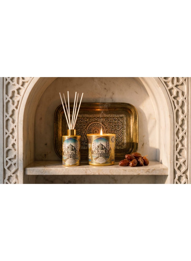 KAMAYA Skyline Collection with decal of Istanbul skyline on the beautiful glass jar with gold lid. 200ml. Fragrance notes floral spicy and amber with lemon, jasmine, rose vanilla. Perfect for gifting .Beautiful box with gift card inside - Image 1