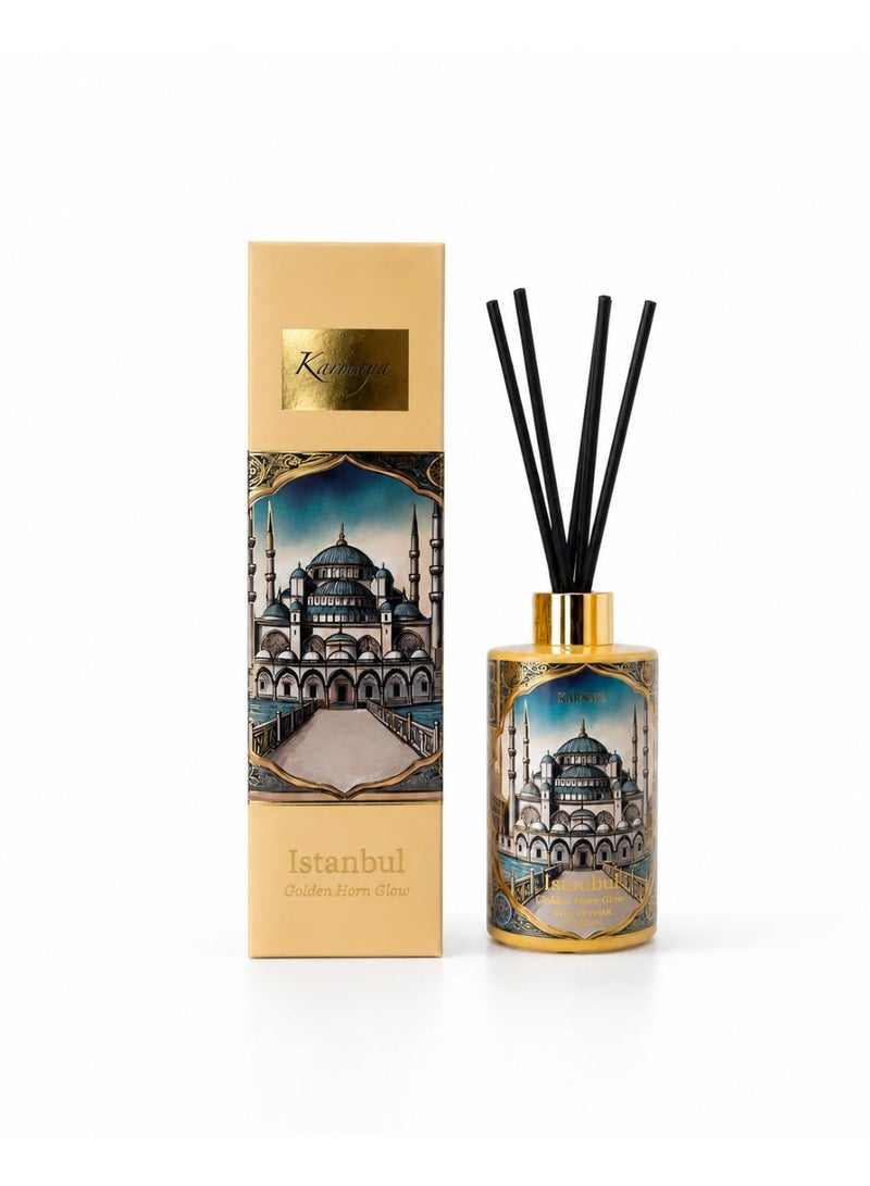 KAMAYA Skyline Collection with decal of Istanbul skyline on the beautiful glass jar with gold lid. 200ml. Fragrance notes floral spicy and amber with lemon, jasmine, rose vanilla. Perfect for gifting .Beautiful box with gift card inside - Image 2