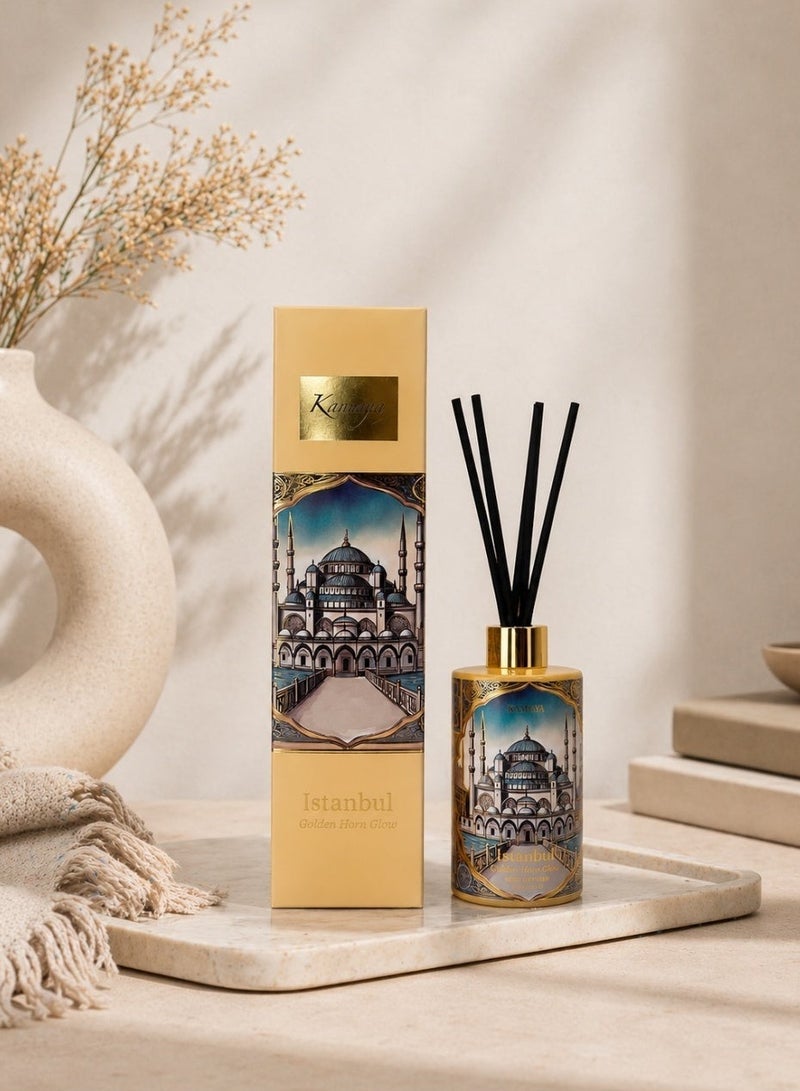 KAMAYA Skyline Collection with decal of Istanbul skyline on the beautiful glass jar with gold lid. 200ml. Fragrance notes floral spicy and amber with lemon, jasmine, rose vanilla. Perfect for gifting .Beautiful box with gift card inside - Image 1