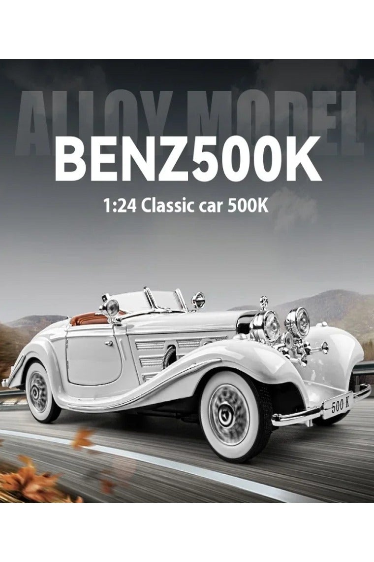 داي كاست سيارة مرسيدس بنز 500K كلاسيكية بمقياس 1/24، نموذج سيارة من سبائك معدنية مصبوبة، مزودة بأصوات وإضاءة (لون أبيض) - Image 1