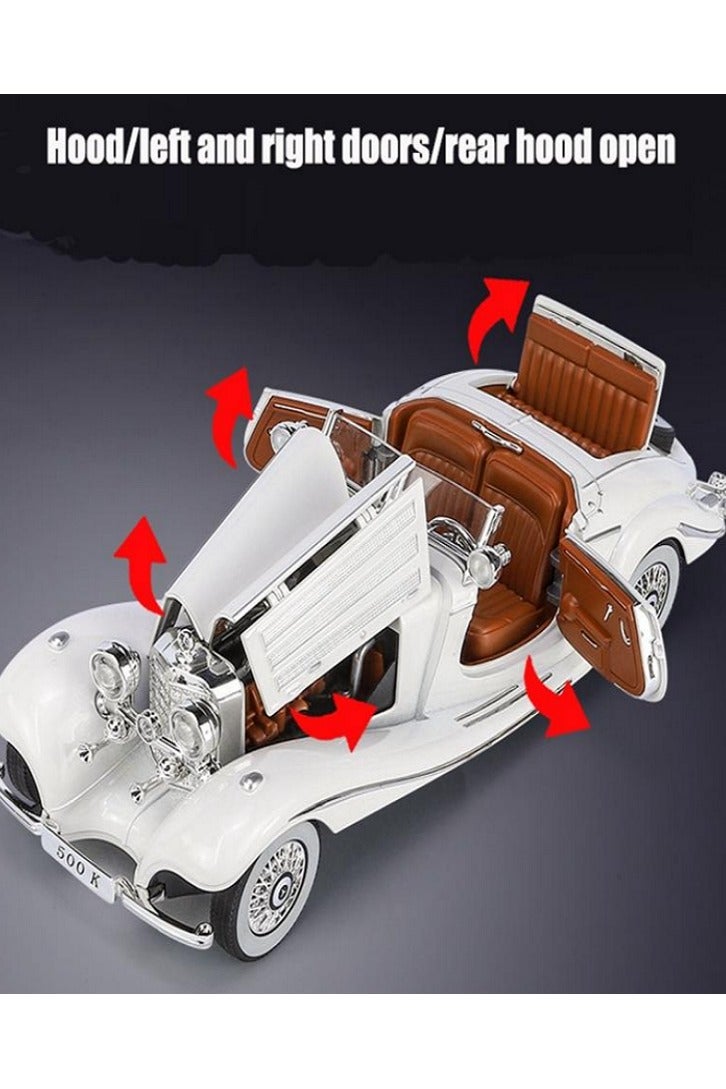 داي كاست سيارة مرسيدس بنز 500K كلاسيكية بمقياس 1/24، نموذج سيارة من سبائك معدنية مصبوبة، مزودة بأصوات وإضاءة (لون أبيض) - Image 2