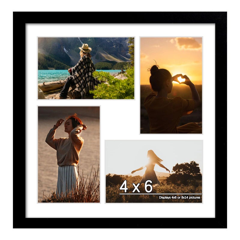 DUENPY 12x12 Picture Frame  4x6 Collage Picture Frame  Displays Four 4x6 inch Photos  or 12x12 (Without Mat) Available for Wall Mount or Table Top Horizontal and Vertical Display  Black. - Image 1