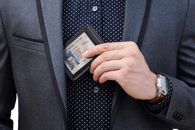 CONTACTS محفظة نقود رفيعة من الجلد الأصلي مع مشبك، حافظة بطاقات مضادة لتقنية RFID، تصميم ميني ثنائي الطي للرجال مع حزام سحب ذكي، 8 فتحات بطاقات، 1 بطاقة هوية (أسود) - Image 2