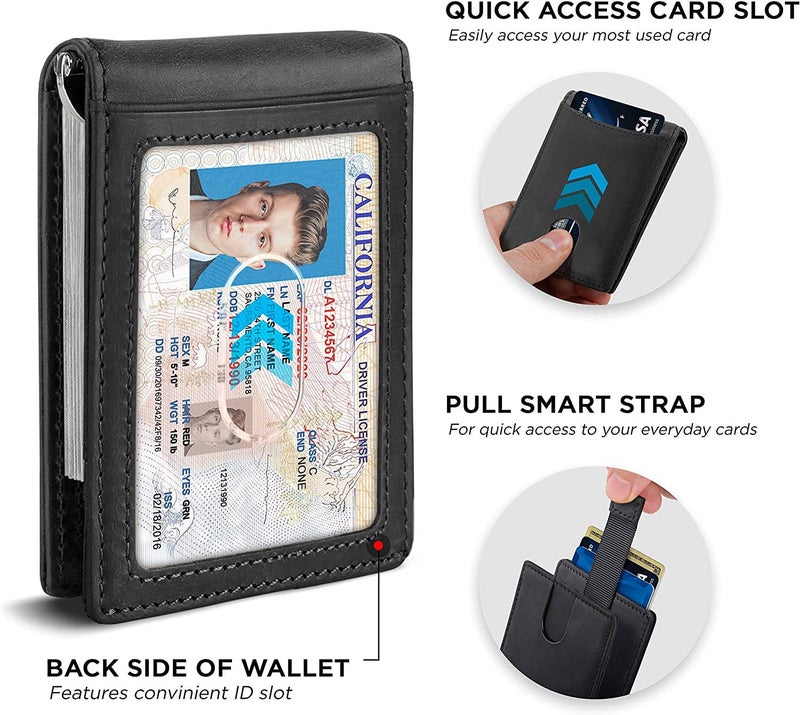 CONTACTS محفظة نقود رفيعة من الجلد الأصلي مع مشبك، حافظة بطاقات مضادة لتقنية RFID، تصميم ميني ثنائي الطي للرجال مع حزام سحب ذكي، 8 فتحات بطاقات، 1 بطاقة هوية (أسود) - Image 4
