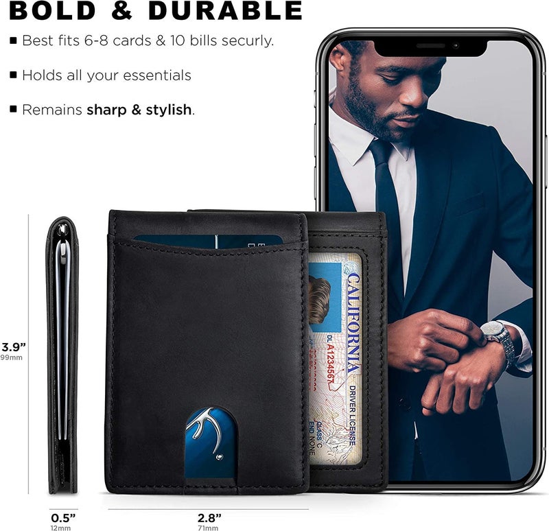 CONTACTS محفظة نقود رفيعة من الجلد الأصلي مع مشبك، حافظة بطاقات مضادة لتقنية RFID، تصميم ميني ثنائي الطي للرجال مع حزام سحب ذكي، 8 فتحات بطاقات، 1 بطاقة هوية (أسود) - Image 5