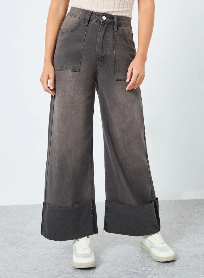Styli Styli High Rise Wide Leg Jeans with Fold-Up Hem