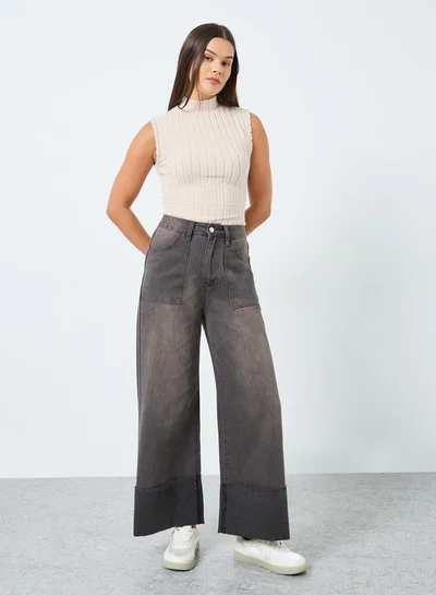 Styli Styli High Rise Wide Leg Jeans with Fold-Up Hem
