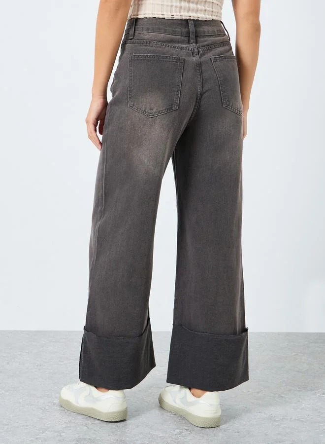 Styli Styli High Rise Wide Leg Jeans with Fold-Up Hem