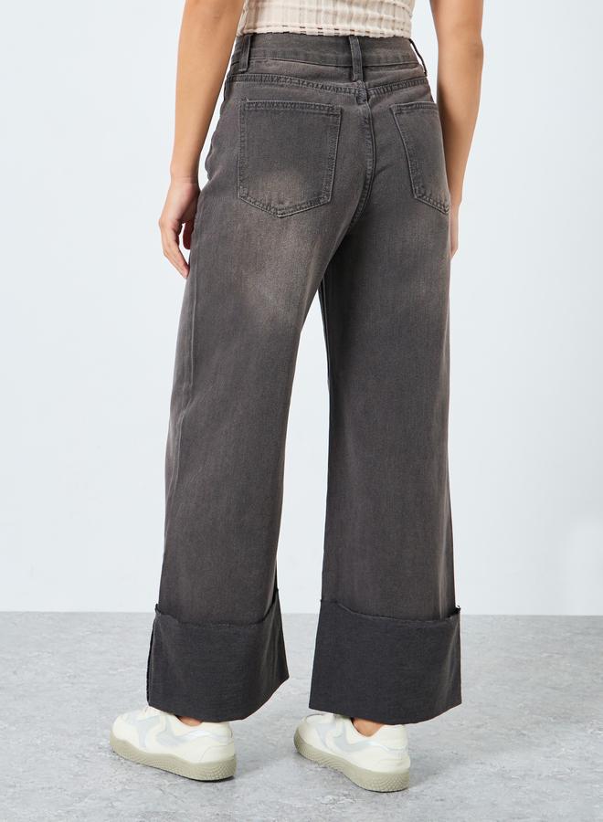 Styli High Rise Wide Leg Jeans with Fold-Up Hem - Image 4