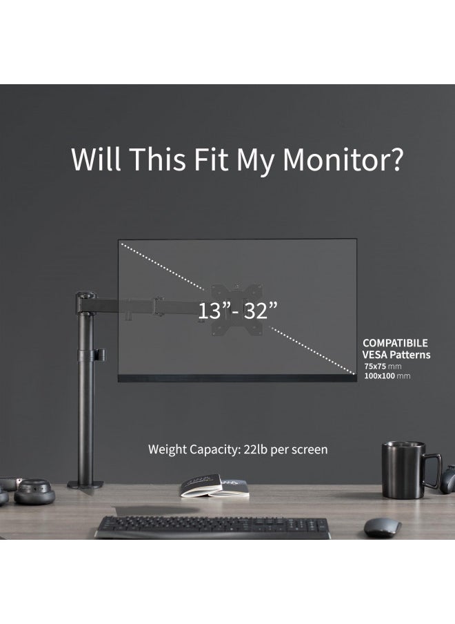 vivo - VIVO Single Monitor Arm Desk Mount, Holds Screens up to 32 inch Regular and 38 inch Ultrawide, Fully Adjustable Stand with C-Clamp and Grommet Base, VESA 75x75mm or 100x100mm, Black, STAND-V001 - Image 1