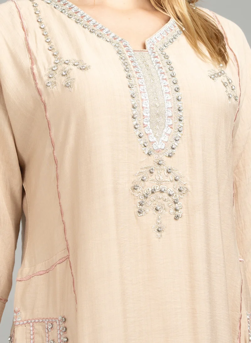 IKKXA Modern Embroidered Crystal Jalabiya with Pockets CJ1080 Beige