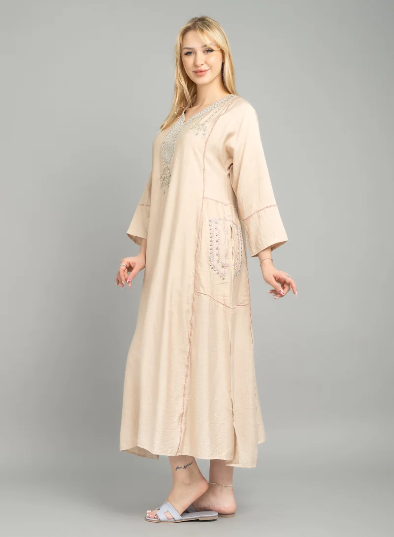 IKKXA Modern Embroidered Crystal Jalabiya with Pockets CJ1080 Beige
