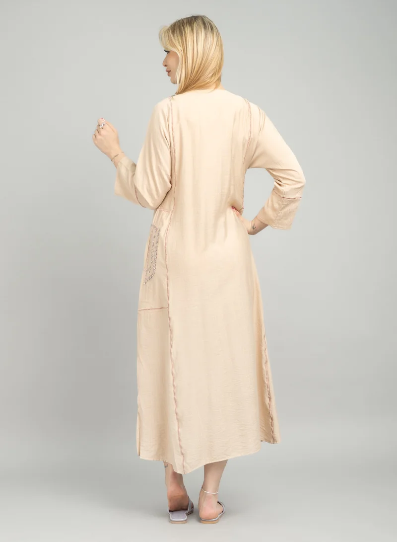 IKKXA Modern Embroidered Crystal Jalabiya with Pockets CJ1080 Beige