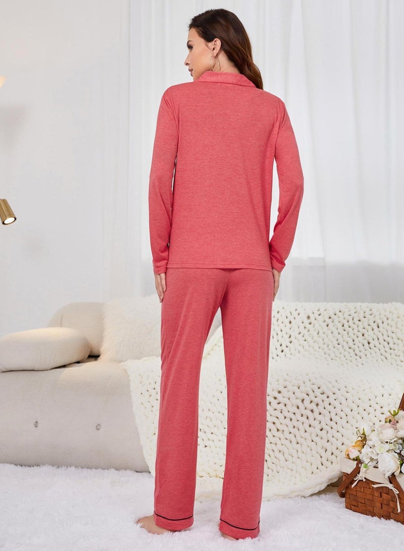 Loquat Women's Pajamas 2-Piece Set Long Sleeve Lapel Top And Pants Soft Loungewear Nightgown Suit Leisure Wear Light Red - Image 3