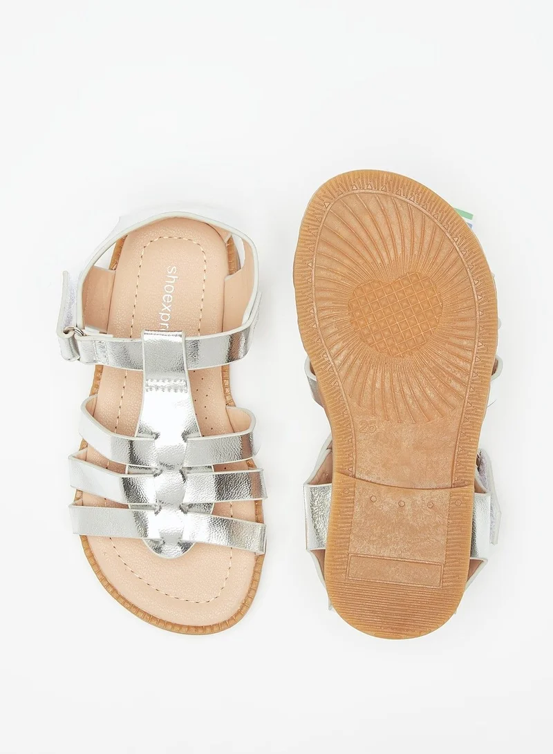 shoexpress Solid Open Toe Sandals with Hook and Loop Closure Silver