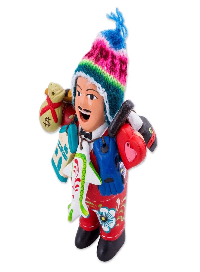 نوفيكا تمثال إيكيكو مصنوع يدويًا من السيراميك من نوفيكا، مزين بقبعة صوفية من بيرو، باللون الأحمر، صور لأشخاص، مزين بالزهور [ارتفاع 6 بوصات × عرض 4.3 بوصة × عمق 2.8 بوصة] "إيكيكو الوفرة باللون الأحمر" - Image 1