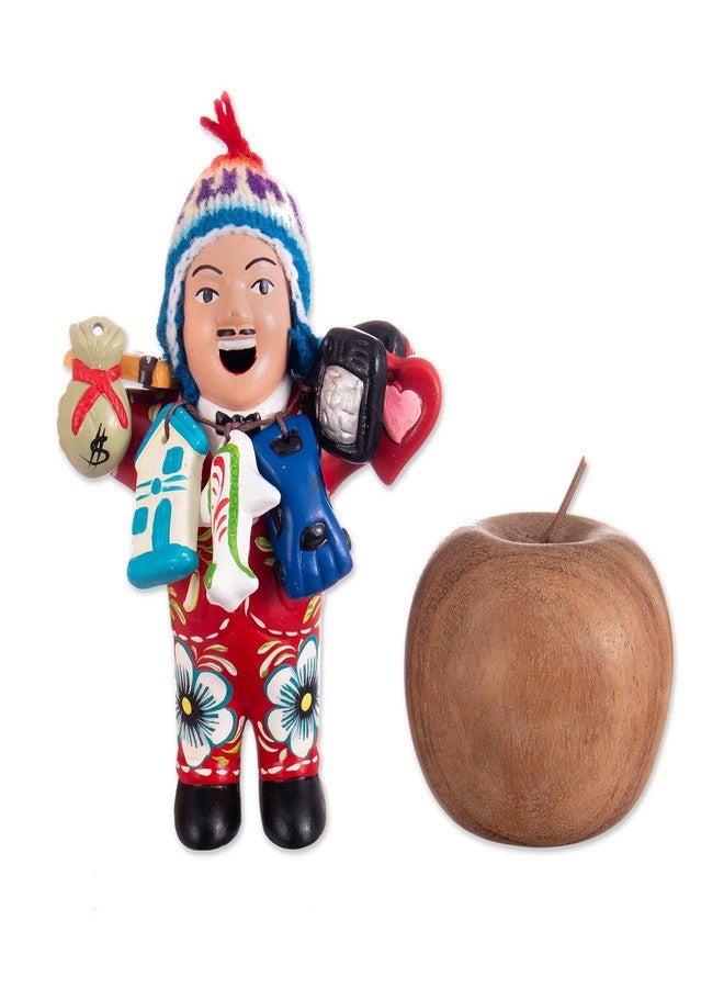 نوفيكا تمثال إيكيكو مصنوع يدويًا من السيراميك من نوفيكا، مزين بقبعة صوفية من بيرو، باللون الأحمر، صور لأشخاص، مزين بالزهور [ارتفاع 6 بوصات × عرض 4.3 بوصة × عمق 2.8 بوصة] "إيكيكو الوفرة باللون الأحمر" - Image 5