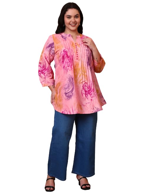 Yash Gallery Women’s Polyester Marble Print Short Kurti Mandarin Collar with Pintuck Pleats 3/4th Sleeve (Pink) - Image 1