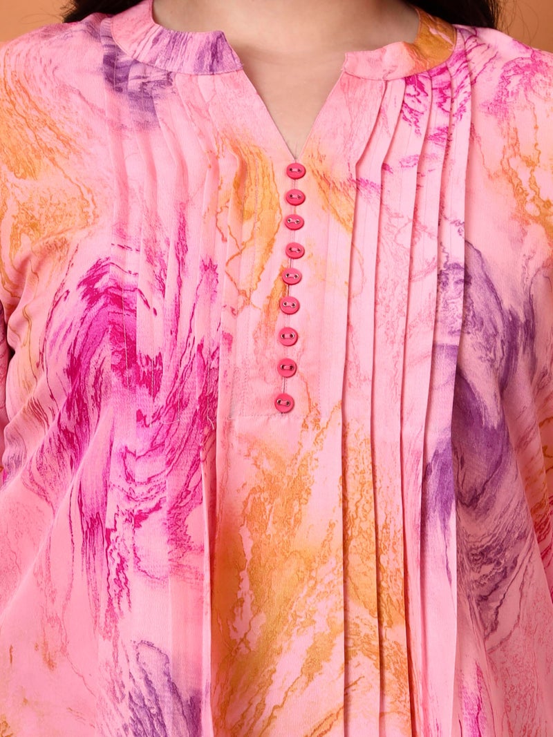 Yash Gallery Women’s Polyester Marble Print Short Kurti Mandarin Collar with Pintuck Pleats 3/4th Sleeve (Pink) - Image 5