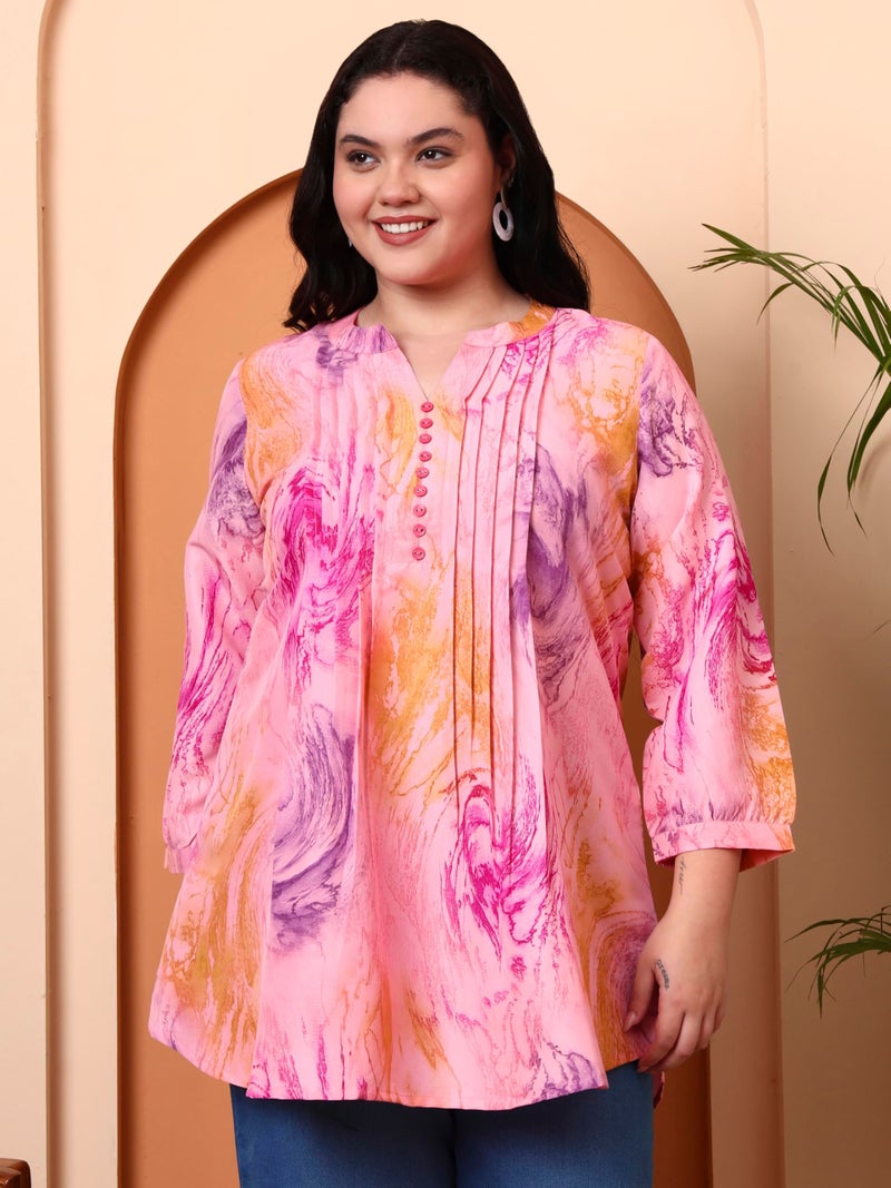 Yash Gallery Women’s Polyester Marble Print Short Kurti Mandarin Collar with Pintuck Pleats 3/4th Sleeve (Pink) - Image 2