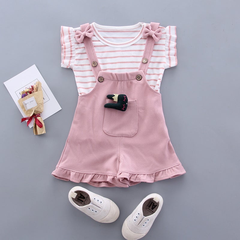 Baby Girl Short Sleeve Explosive Rabbit Head Strap Set Children Baby Striped Western Style Strap Shorts Set Direct Selling Pink short-sleeved rabbit strap HSY 