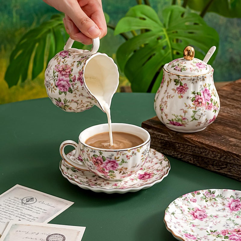 Agyiuns Tea Cup and Saucers, 6.4oz Floral Tea Cups with Gold Trim, Porcelain Teacup, Coffee Cappuccino Espresso Latte Mugs for Party Birthday,Party Cafe Home, Christmas Gift (White) - Image 4