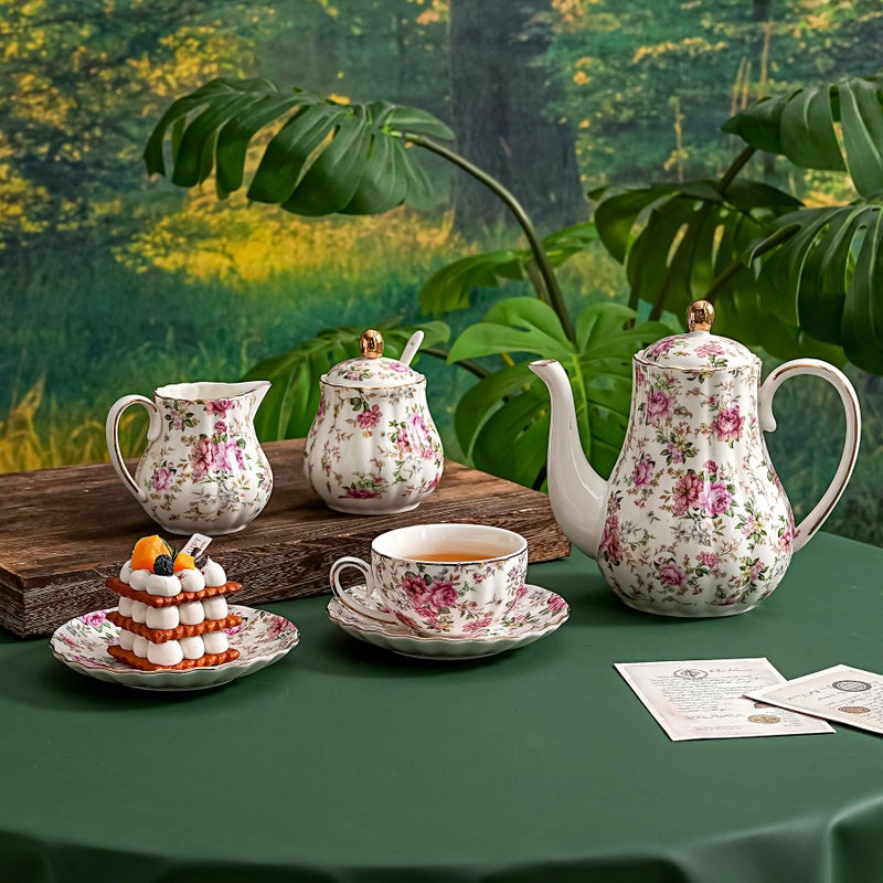 Agyiuns Tea Cup and Saucers, 6.4oz Floral Tea Cups with Gold Trim, Porcelain Teacup, Coffee Cappuccino Espresso Latte Mugs for Party Birthday,Party Cafe Home, Christmas Gift (White) - Image 5