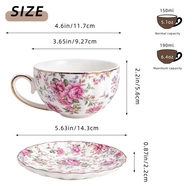 Agyiuns Tea Cup and Saucers, 6.4oz Floral Tea Cups with Gold Trim, Porcelain Teacup, Coffee Cappuccino Espresso Latte Mugs for Party Birthday,Party Cafe Home, Christmas Gift (White) - Image 2