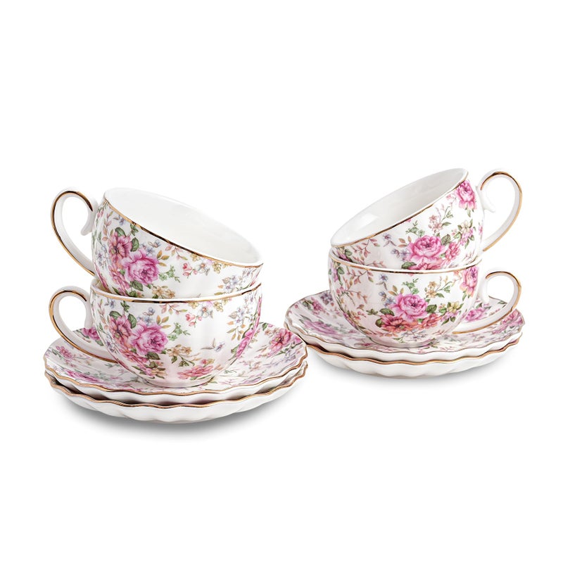 Agyiuns Tea Cup and Saucers, 6.4oz Floral Tea Cups with Gold Trim, Porcelain Teacup, Coffee Cappuccino Espresso Latte Mugs for Party Birthday,Party Cafe Home, Christmas Gift (White) - Image 1