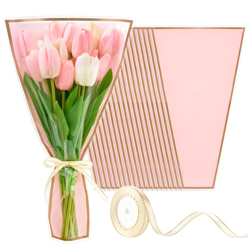 Mauproy 50 Pack Pink Flower Bags for Bouquets, 17.8 x 11.2 Inches Plastic Flower Sleeves Clear Front Floral Wraps with Ribbons for Mother's Day Florist Packaging Supplies - Image 1