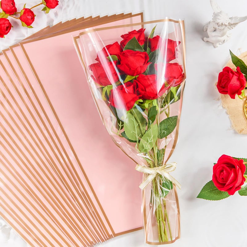 Mauproy 50 Pack Pink Flower Bags for Bouquets, 17.8 x 11.2 Inches Plastic Flower Sleeves Clear Front Floral Wraps with Ribbons for Mother's Day Florist Packaging Supplies - Image 4