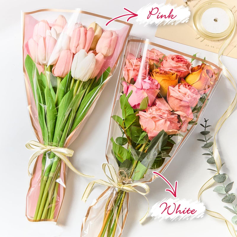 Mauproy 50 Pack Pink Flower Bags for Bouquets, 17.8 x 11.2 Inches Plastic Flower Sleeves Clear Front Floral Wraps with Ribbons for Mother's Day Florist Packaging Supplies - Image 5