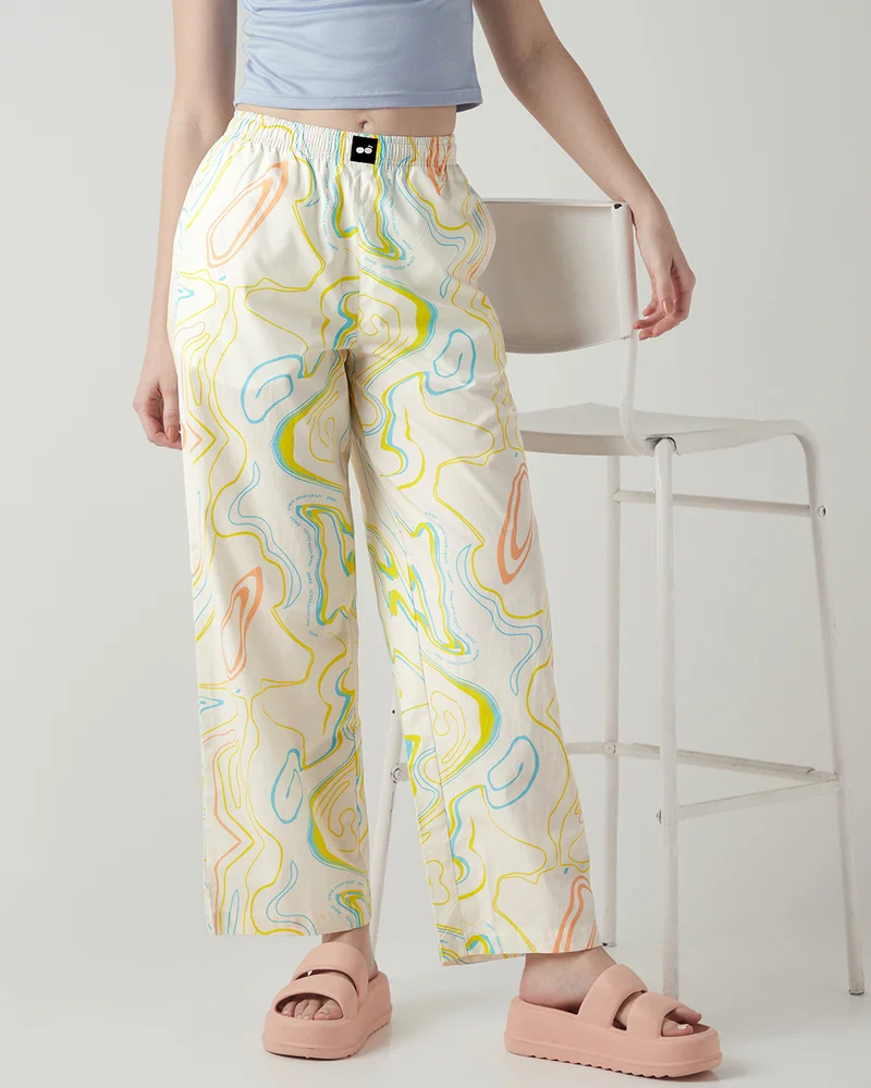 bewakoof Women's Off White All Over Printed Wide Leg Pyjamas