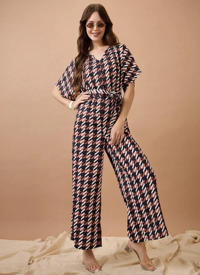 globus Globus Women Abstract Print Round Neck With V Cut Kimono Sleeves Waist Tie-Up Longline Jumpsuit