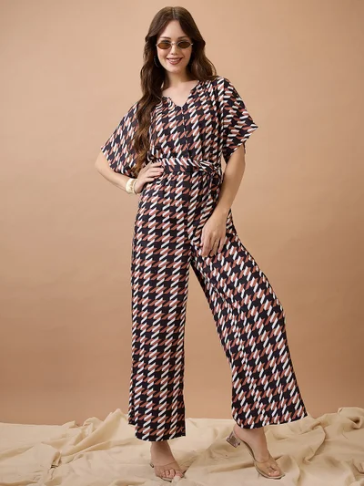 globus Women Abstract Print Round Neck With V Cut Kimono Sleeves Waist Tie-Up Longline Jumpsuit