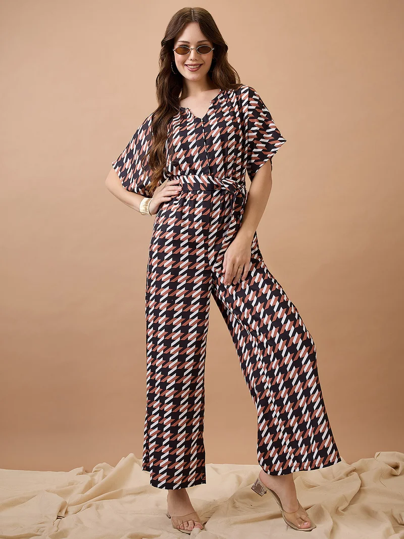 globus Women Abstract Print Round Neck With V Cut Kimono Sleeves Waist Tie-Up Longline Jumpsuit