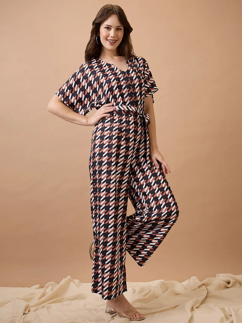globus Women Abstract Print Round Neck With V Cut Kimono Sleeves Waist Tie-Up Longline Jumpsuit