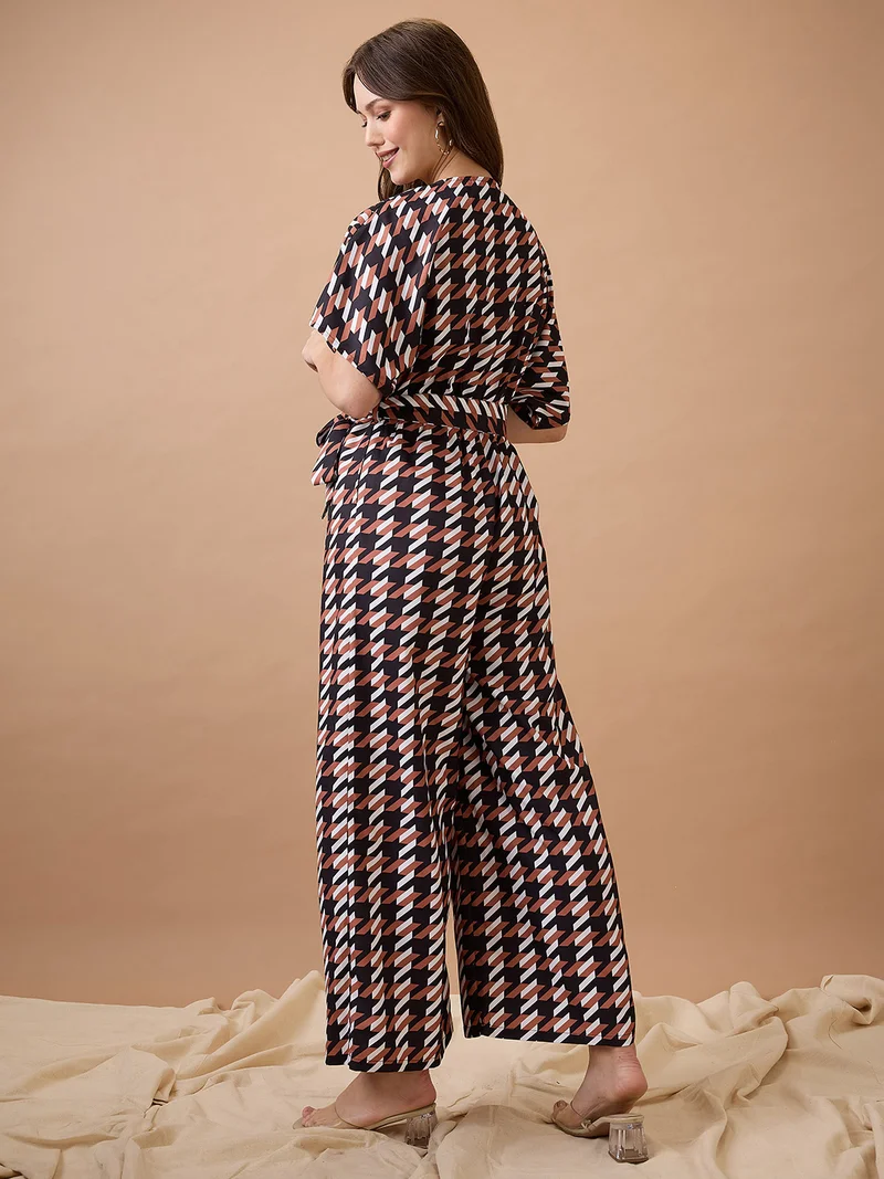globus Women Abstract Print Round Neck With V Cut Kimono Sleeves Waist Tie-Up Longline Jumpsuit