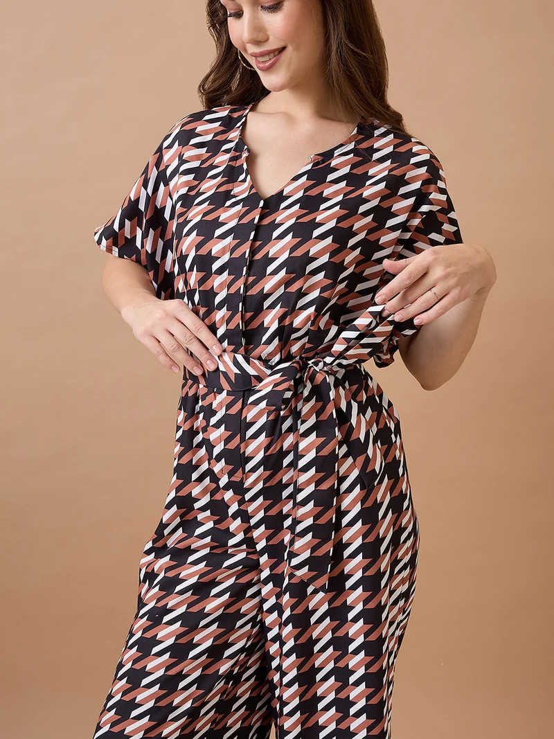 globus Women Abstract Print Round Neck With V Cut Kimono Sleeves Waist Tie-Up Longline Jumpsuit