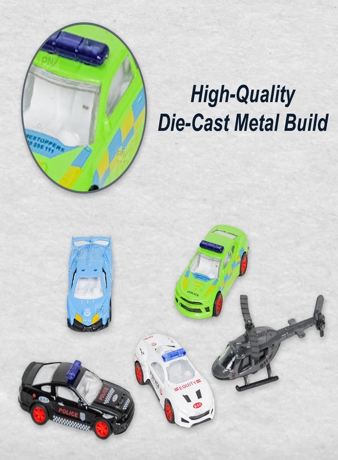 PN AVAN Die Cast Metal Pull Back Toy Vehicles Set, 1:64 Scale, 5 Pieces, Engineering Construction Vehicles Collection (Police Car Helicopter) - Image 2